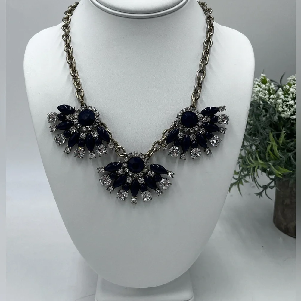 J. Crew Navy Blue and Clear Rhinestone‎ Triple Fan Statement Bib Necklace